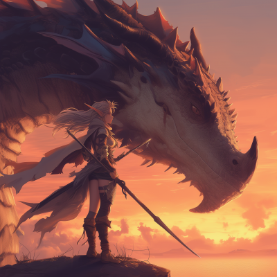Warrior and Dragon at Sunset