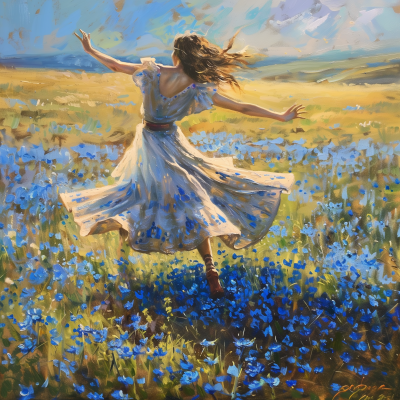 Lady Dancing in Blue Flower Field