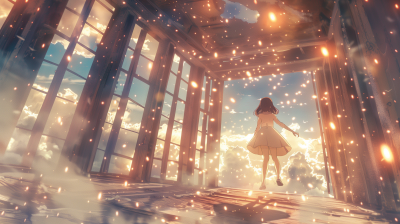 Radiant Floating Girl in Ancient Room
