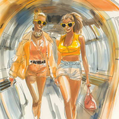 Fashionable Women in Tunnel