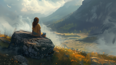 Girl sitting near a rock