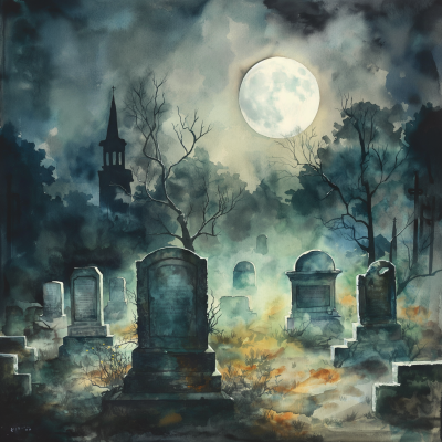 Halloween Haunted Cemetery Watercolor Painting