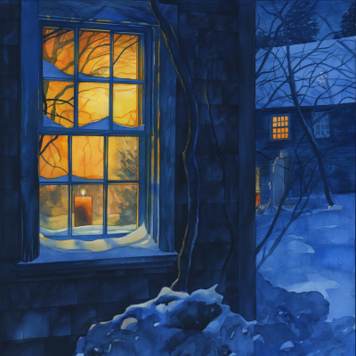 Warmly Lit Window in Snowy Twilight