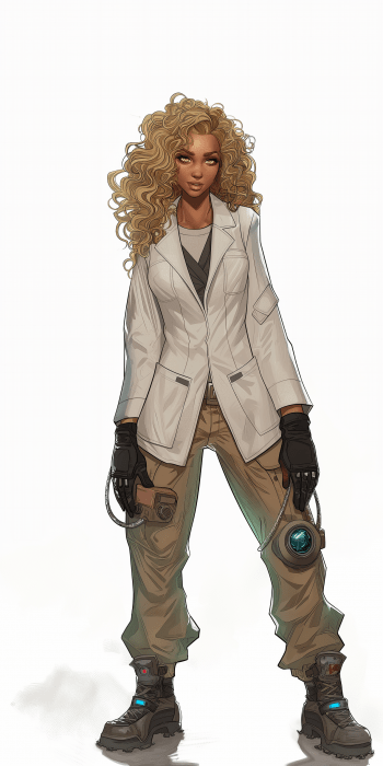 Woman with dirty blonde curly hair in military lab coat