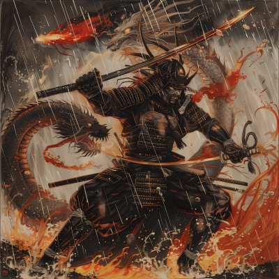 Samurai fighting demons in fiery rain
