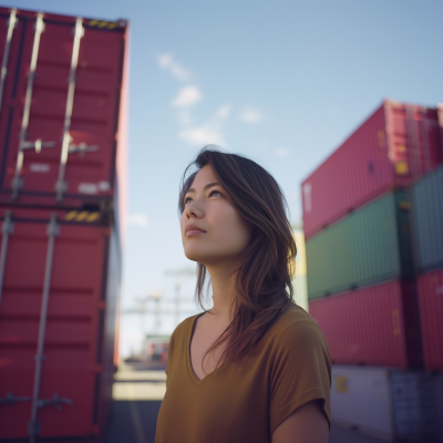 Serious Looking Woman in Modern Container Harbour