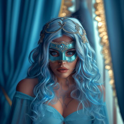 Mystical Blue-haired Woman with Mask