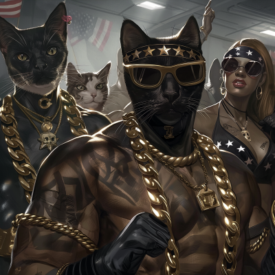 Gym workout with black cat heads and American flag tattoos