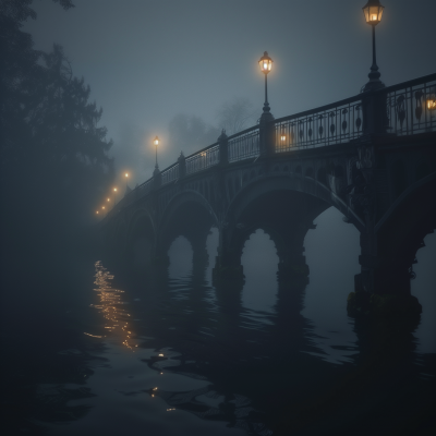 Mysterious Bridge in Foggy Night