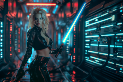 Futuristic Warrior Woman in Neon-lit Corridor