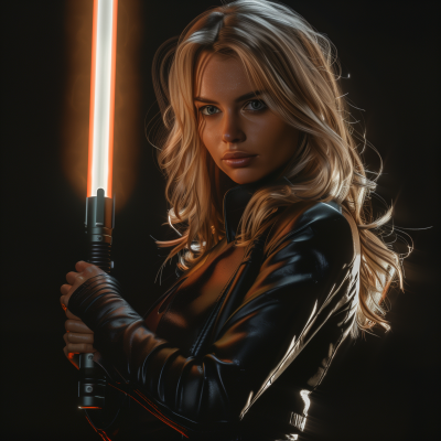 Blonde woman with lightsaber in dark setting