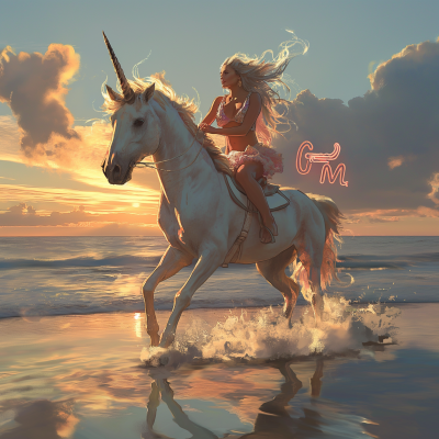 Majestic Unicorn Riding on Beach at Sunset