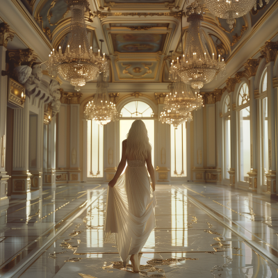 Elegant Woman in White Dress Walking Through Grand Hall