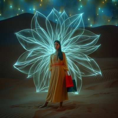 Young Woman with Shopping Bags in 3D Desert Scene