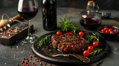 Grilled Ribeye Beef Steak with Red Wine and Herbs