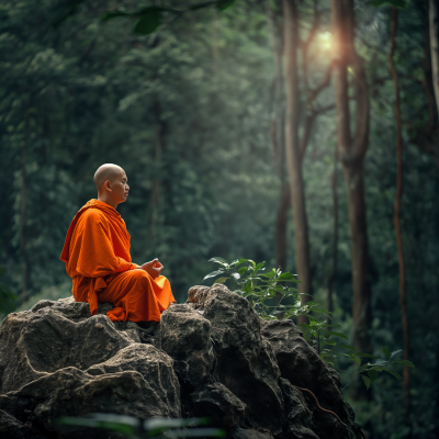 Buddhist monk meditating in the jungle