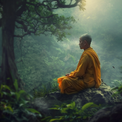 Buddhist Monk Meditating on a Rock