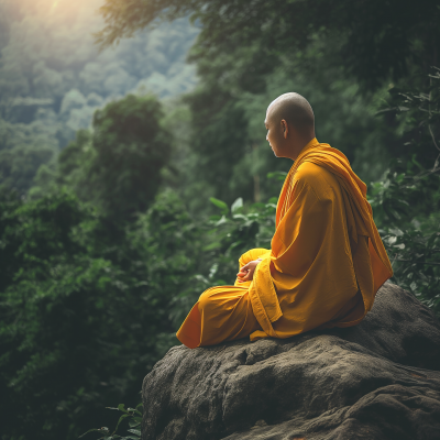Buddhist Monk Meditating in Jungle