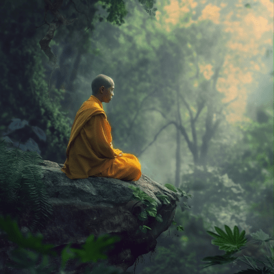 Buddhist Monk Meditating on Rock