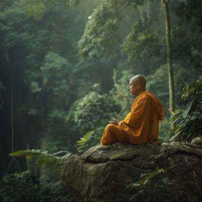 Buddhist Monk Meditating on a Rock
