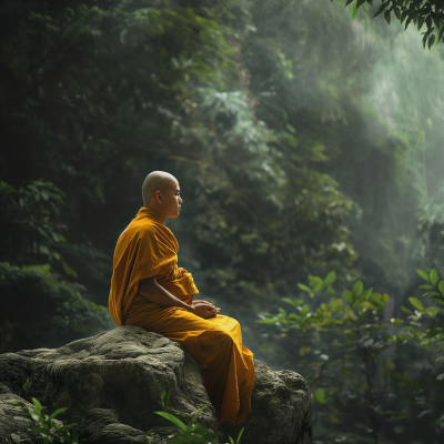 Buddhist Monk Meditating on Rock