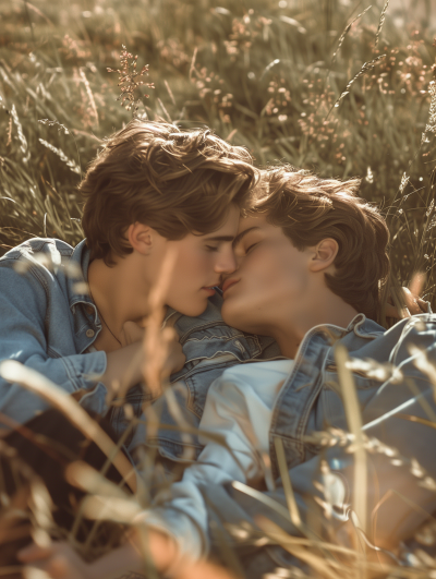 Young Men Kissing in the Grass