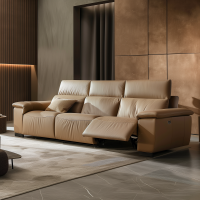 Luxurious Tan Leather Reclining Sofa in Modern Living Room