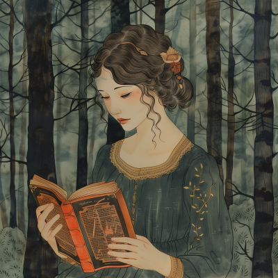 Medieval Woodblock Print of Woman Reading in Forest