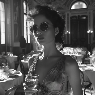 Elegant Woman in Sunglasses in Dining Room