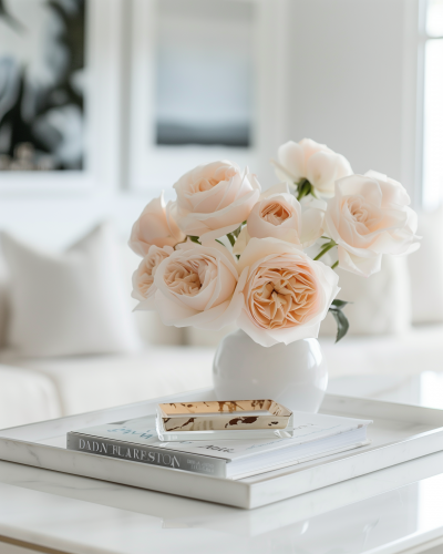 Hyperminimalist White Desk with Books and Roses
