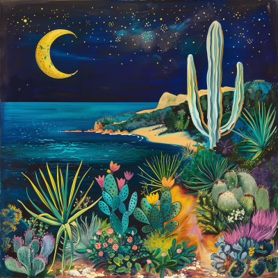 Desert Cactus Scene at Night