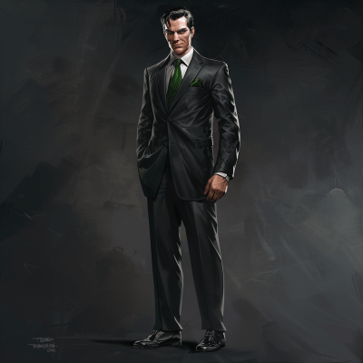 Confident Man in Green-Detailed Dark Suit Illustration