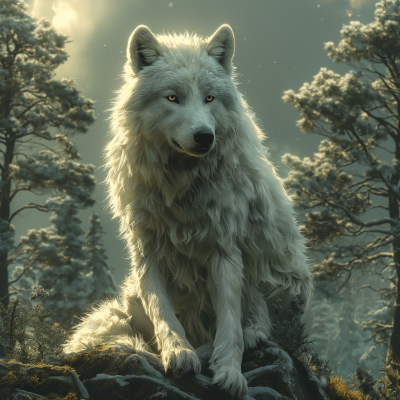Mysterious White Wolf in the Forest