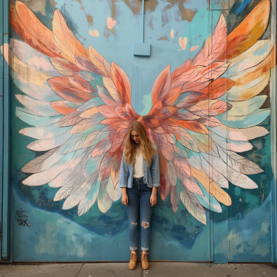 Girl in front of Angel Wings Mural