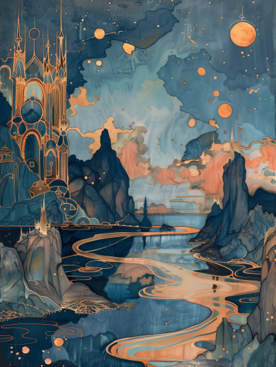 Art Nouveau Inspired Mystical Landscape Illustration