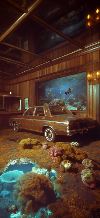 Vintage Car in Underwater-Themed Room