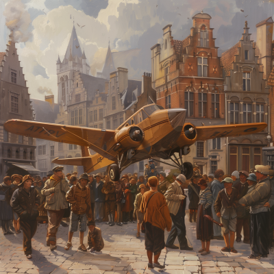 Vintage airplane landing in European town square