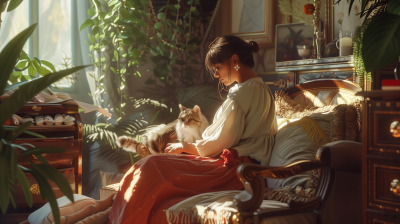 Cozy Sunlit Room with Woman and Cat
