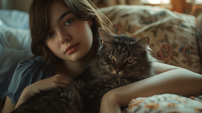 Blue-eyed woman with cat
