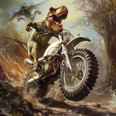 Dinosaur riding motorcycle chased by dragon in fantasy action scene