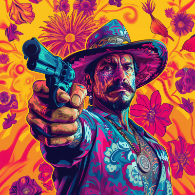 Colorful Illustration of Tattooed Man with Gun