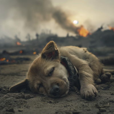 Sleeping Puppy in Fire-ravaged Landscape
