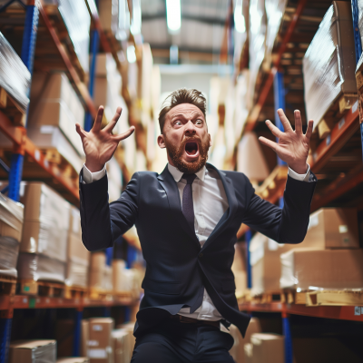 Surprised man in a suit in a warehouse aisle