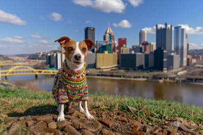 Colorful Sweater Dog in Cityscape