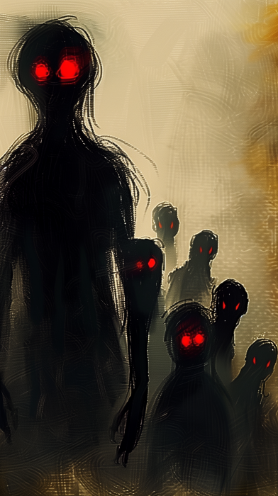Shadowy Figures with Glowing Red Eyes
