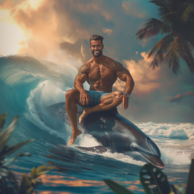 Muscular Man Surfing on Dolphin in Tropical Seascape