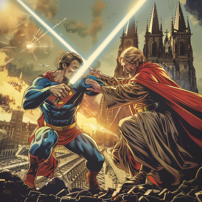 Superhero Battle in City Scene