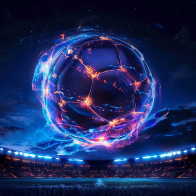 Futuristic Glowing Soccer Ball in Illuminated Stadium