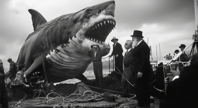 Vintage seaside scene with shark model