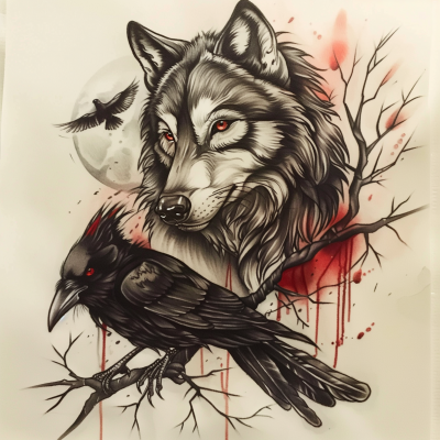Wolf and Crow Tattoo Designs